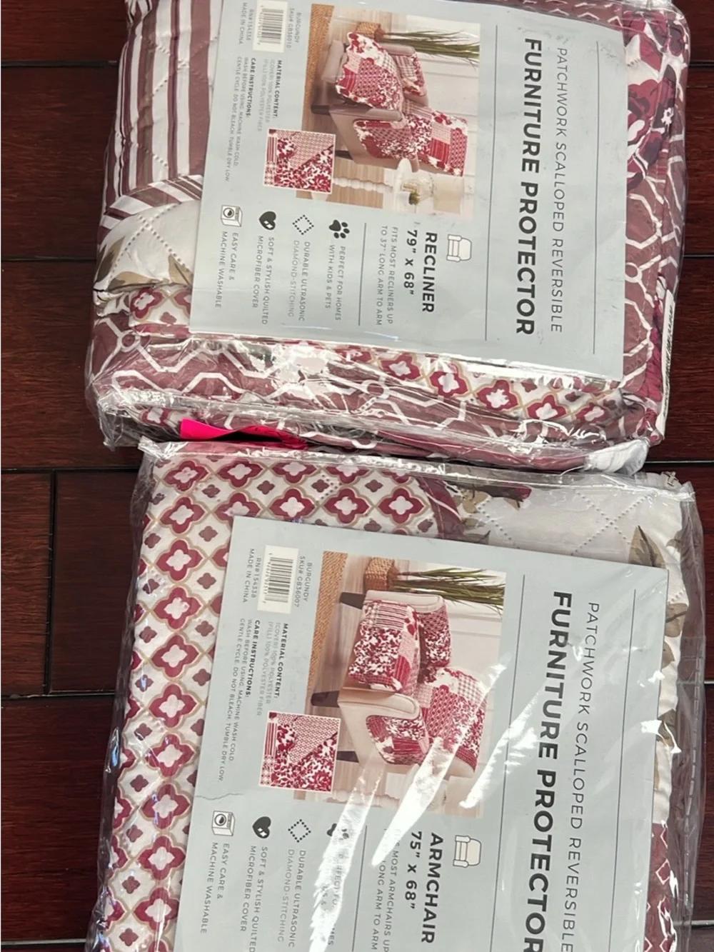 2 Patchwork Scalloped Reversible Furniture Protector Recliner - Burgundy